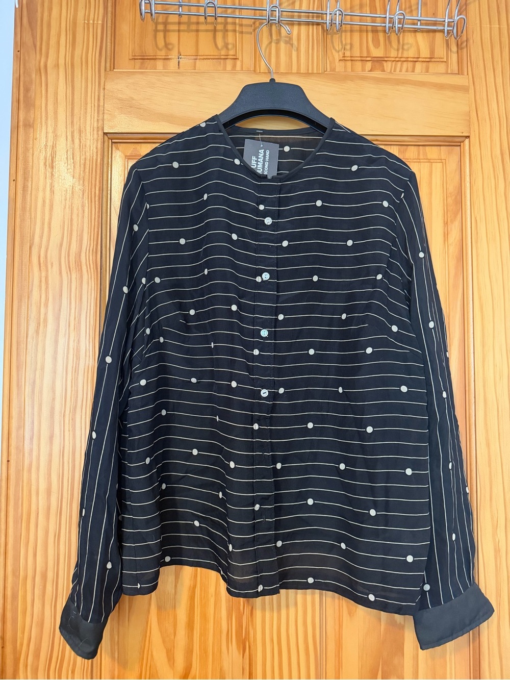Vintage Black Button-Up Blouse with CreamStripe & Dot Pattern